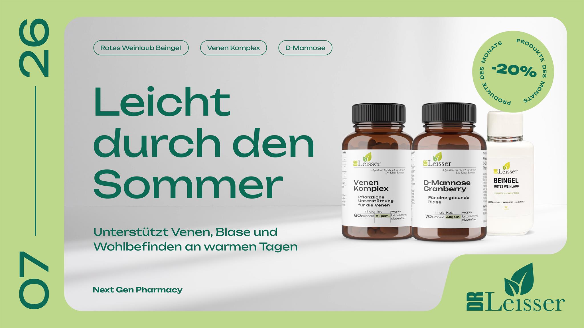 Juli Aktion mit 20% Rabatt auf rotes Weinlaub Beingel, Venen Komplex & D-Mannose