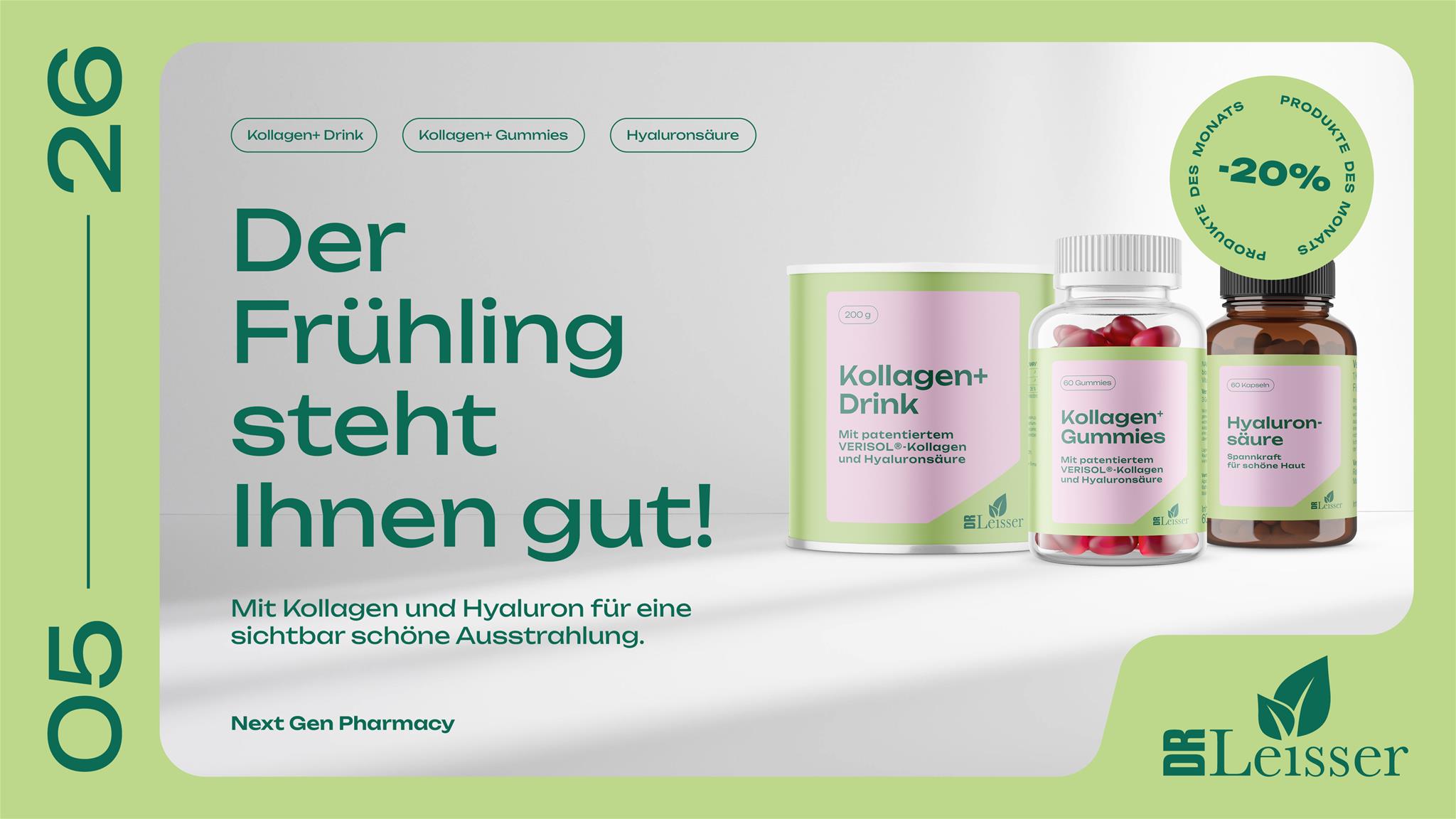 Mai Aktion mit 20% Rabatt auf Kollagen+Drink, Kollagen+Gummies & Hyaluronsäure