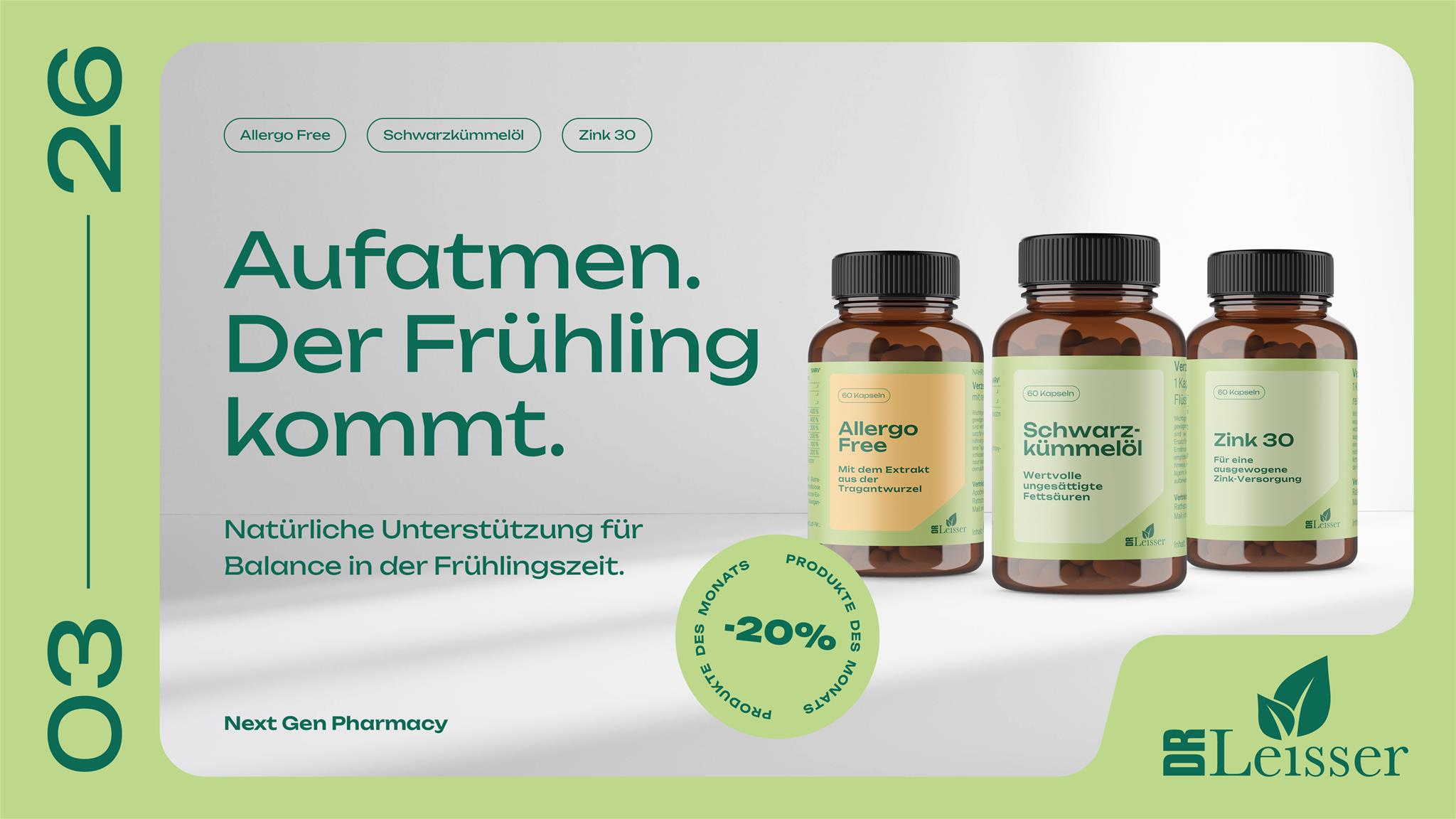März Aktion mit 20% Rabatt auf Allergo Free, Schwarzkümmelöl und Zink 30